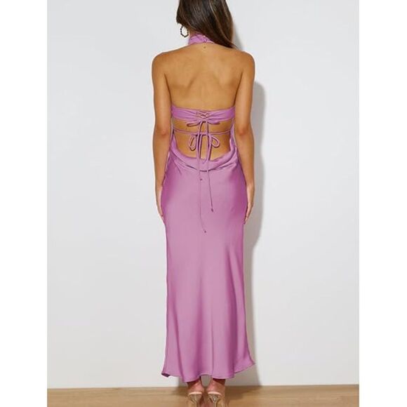 Phicia Sexy Satin Halter Neck Backless Maxi Dress, 2N-140D003 - Picture 2 of 2